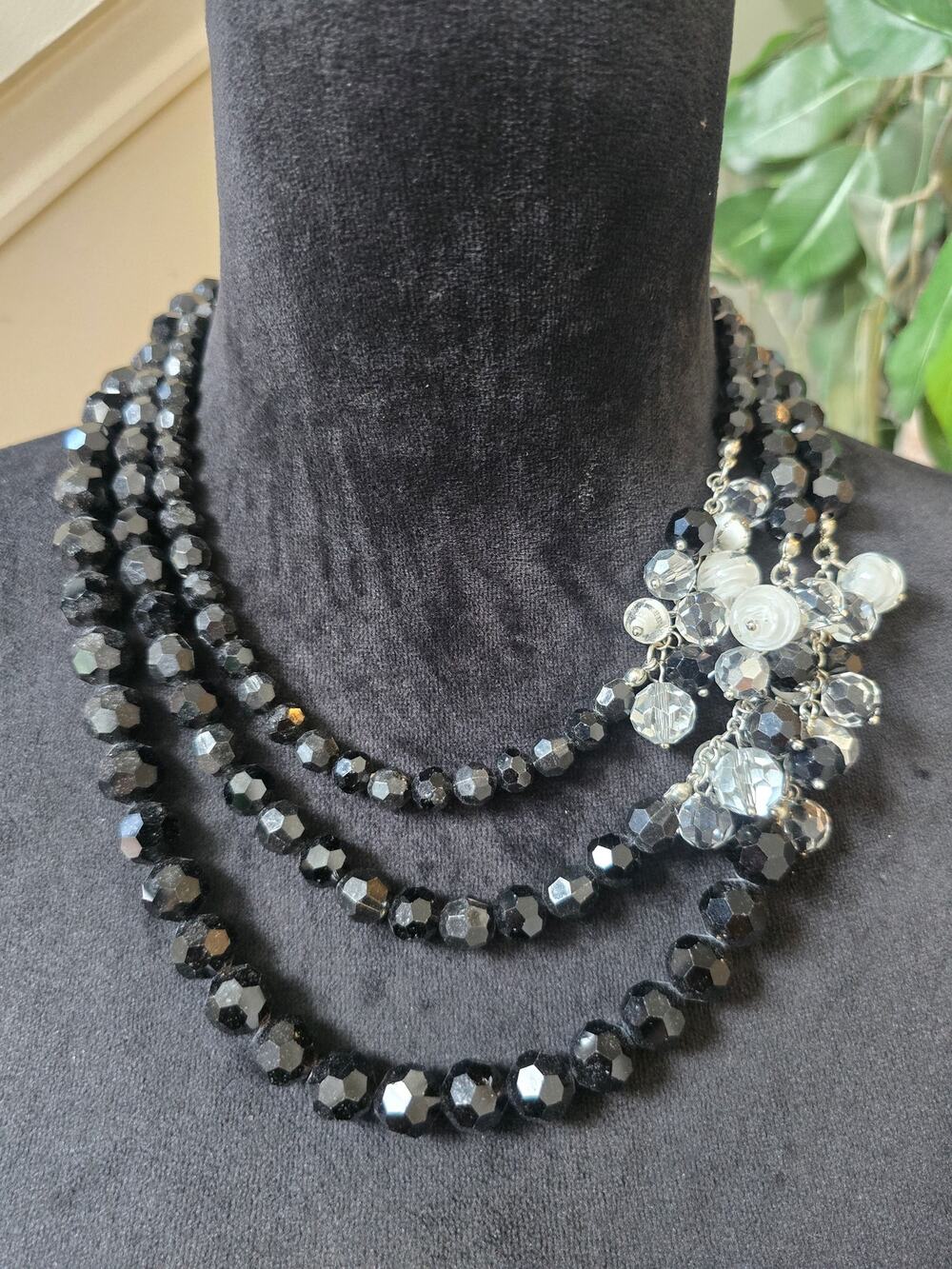 Black Gray Multi Strand Beaded Statement Necklace
